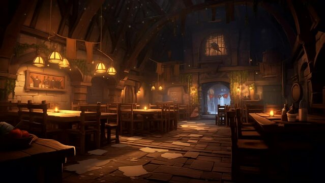Medieval tavern interior at night with simple lighting. Looping time-lapse animation background
