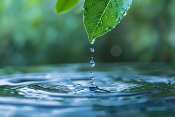 A close-up photo of water droplets falling from a leaf into a calm pool, symbolizing purity and nature