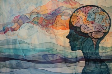 Abstract Brain and Silhouette with Colorful Waves