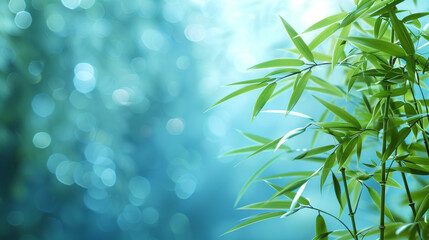 Calming horizontal green and blue background image of bamboo leaves on the side with room for copy...