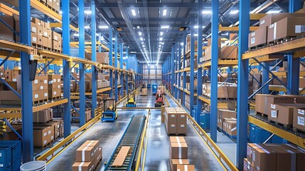 Warehouse with barcode scanning stations, high detail