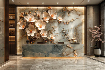 panel wall art, wall decoration, marble background with flowers designs