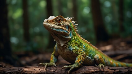 Obraz premium portrait of a beautifully patterned iguana relaxing on a tree trunk with a blurred background