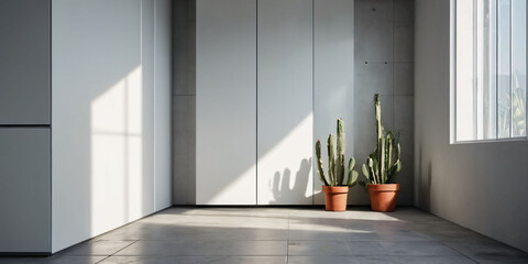 A modern, minimalist pantry with a concrete floor, a white, tiled wall, and a single, potted cactus.