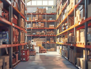 Warehouse with high shelves and sorted inventory, high detail