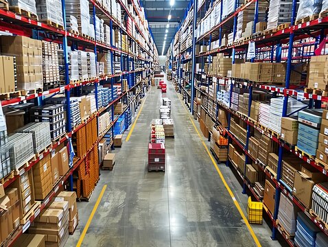 Warehouse with inventory management system, capturing the organized setup