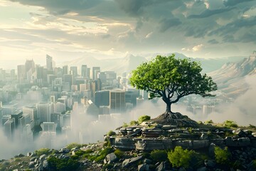 An illustration of a tree on a rocky outcrop overlooking a modern cityscape with mountains, symbolizing nature and urban harmony - Powered by Adobe