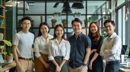 Obraz premium Group of Asia young creative people in smart casual wear smiling and arms crossed in a creative office workplace. Diverse Asian males and females stand together at startup. Coworker teamwork concept.