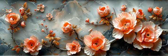 Fototapeta premium panel wall art, wall decoration, marble background with flowers designs