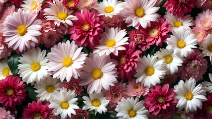 Obraz premium Blooming colorful various flowers background, top view, spring or summer backdrop. Generative AI.