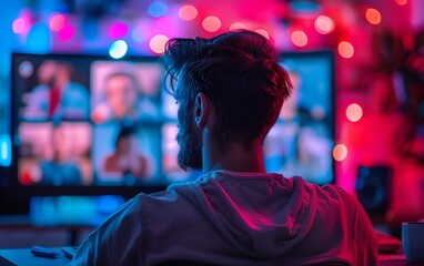 8K resolution image of a man attending an online conference call, detailed and vibrant background
