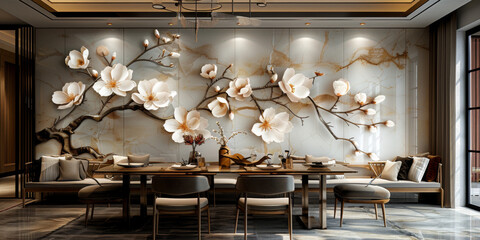 panel wall art, wall decoration, marble background with flowers designs