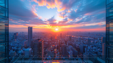 Fototapeta premium A modern skyscraper towering over a bustling cityscape, reflecting the golden hues of sunset, sleek glass facade with intricate geometric patterns, vibrant city lights below, capturing the essence.