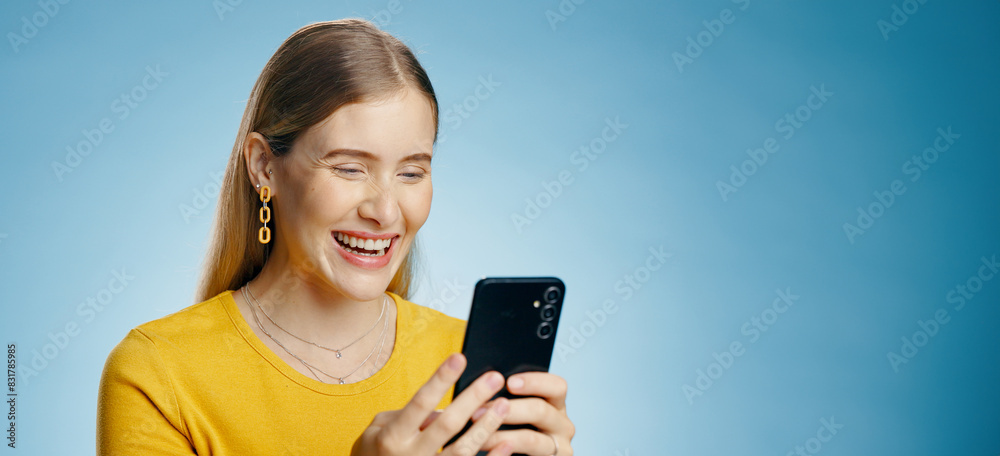 Poster funny, woman and phone text in studio with social media, smile and meme with mockup for banner. digi