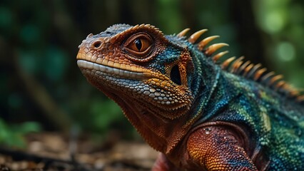 Fototapeta premium portrait of a beautifully patterned iguana relaxing on a tree trunk with a blurred background