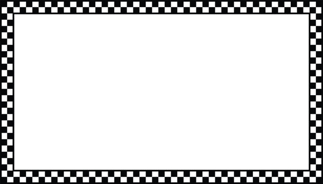 Rectangle frame with checkered print on borders. Rectangular vignette with checkerboard, race flag or chess game pattern isolated on white background. Vector  illistration. EPS 10