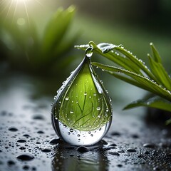 Big water drop Water on green leaf. Beautiful leaf with drops of water. Environment Concept. Photo of rain drops falling from a leaf. Long wide banner. Copy space for your design. water drops on leaf 