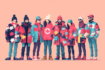 A group of people wearing stylish Canadian-themed winter outfits, featuring colorful patterns and warm accessories.