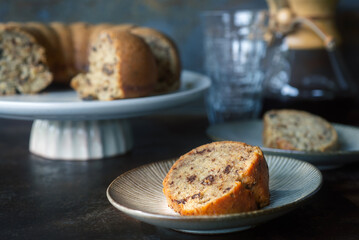 slice of homemade chocolate banana bundt cake.