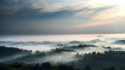 Fototapeta premium Haze, fog, clouds over the mountains, climate background. Generative AI.