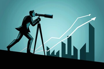 Businessman with Telescope and Growth Chart