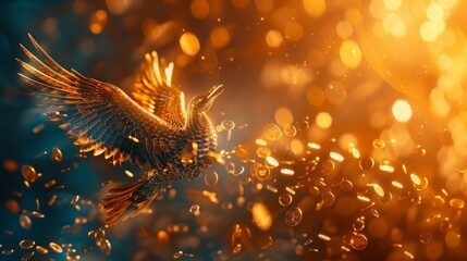 A phoenix breaking free from traditional financial systems with its wings made up of virtual coins signifying the modernization of money.