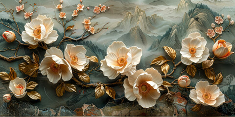 panel wall art, wall decoration, marble background with flowers designs