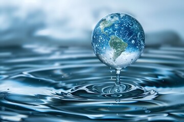 An illustration of a water droplet containing the Earth, suspended above rippling water, symbolizing environmental balance