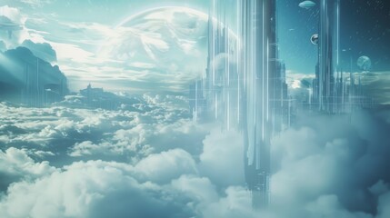 A futuristic city with towering skyscrapers emerging through the clouds, depicting advanced technology and imaginative architecture.