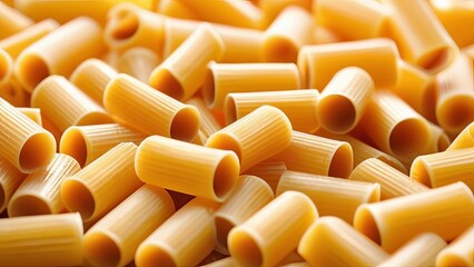 A pile of uncooked, yellow rigatoni pasta, each piece showing its cylindrical shape and ridged texture. The close-up shot highlights the smooth, golden surface of the pasta