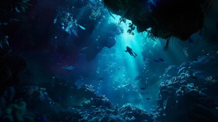 Fototapeta premium A scuba diver exploring an underwater cave illuminated by sunlight rays, surrounded by diverse marine life and coral formations.