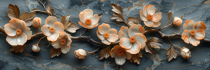Fototapeta premium panel wall art, wall decoration, marble background with flowers designs