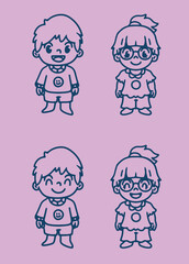 set of cartoon children lineart kid boy and girl for school