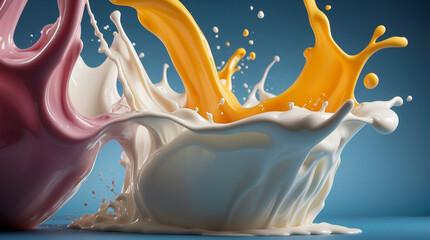 milk splashes isolated against various colored backgrounds. Use lighting and shadow to enhance the three-dimensional quality