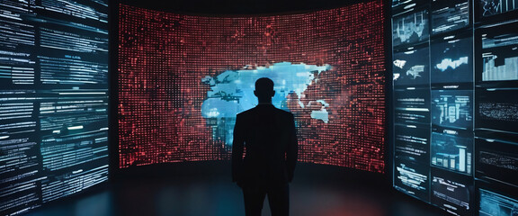 Anonymous hacker, surrounded by a network of glowing data. Cybersecurity, Cybercrime, Cyberattack. Technology