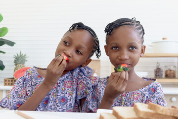 African twin girl sister with curly hair braid African hairstyle eating fresh strawberry at home...