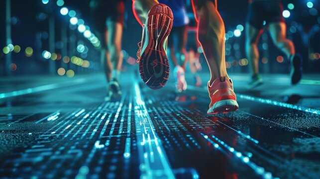 As the runners approach the finish line a holographic overlay appears on the screen showing their current speed pace and projected finish time.