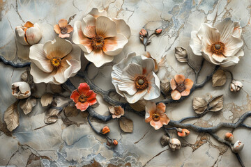 Fototapeta premium panel wall art, wall decoration, marble background with flowers designs