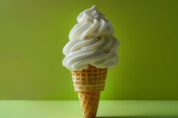 Ice cream cone stands alone against neon green backdrop, embodying summer vibes with ample space for text
