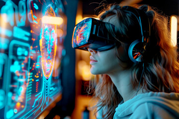 Woman using a VR headset with glowing digital interface, representing immersive virtual reality experience.