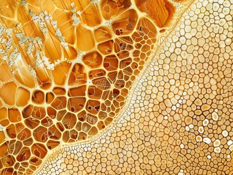 A close-up microscope image of a section of wood, revealing the detailed cellular structure and growth rings. The high-resolution view captures the unique and fascinating structure of plant anatomy.