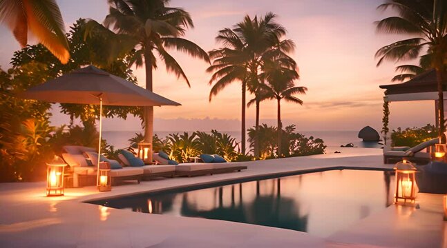 Modern villa terrace with private pool and beach chairs, Tropical trees in the afternoon sun