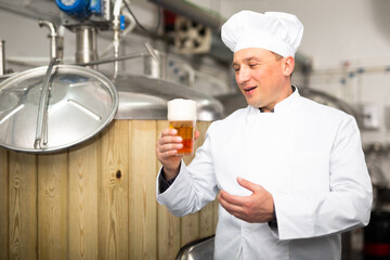 Portrait of man brewmaster standing in beer factory holding glass of fresh beer.