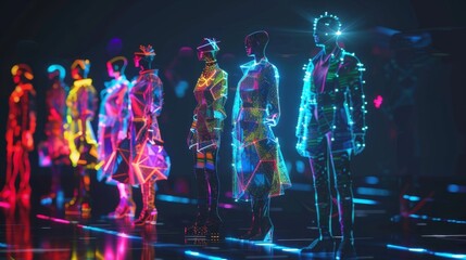 A team of virtual fashion designers collaborating on a single design displaying seamless teamwork in a digital world.