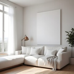 Frame mockup, ISO A paper size. Living room poster mockup. Modern interior design. Living room Interior mockup with house background. 3D render