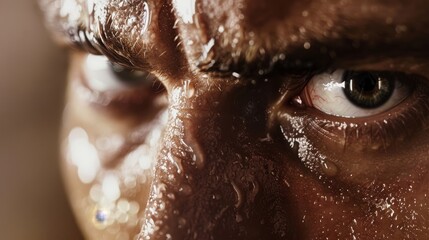 Naklejka premium A high-definition image of a sweat-covered forehead and determined eyes, capturing the intensity of a workout. The background is intentionally out of focus, leaving room for copy space.