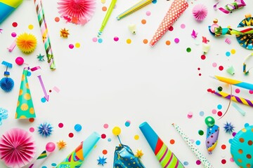 A festive flat lay image featuring a variety of colorful party supplies like hats, blowers, and confetti arranged around a blank white space. This design provides generous copy space, perfect for