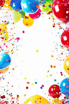 A cheerful and festive background featuring a rainbow of balloons and confetti scattered against a white backdrop. The central area is intentionally left clear, offering generous copy space for event