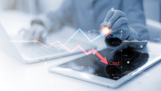 Quality increase and cost optimization for products or services to improve customer satisfaction and enhance company performance. Successful corporate strategy and management. Effective business.