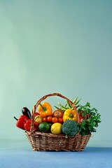 A shopping basket filled with fresh produce, placed on a simple background with significant copy space around it. The vibrant colors of the fruits and vegetables contrast with the plain background,